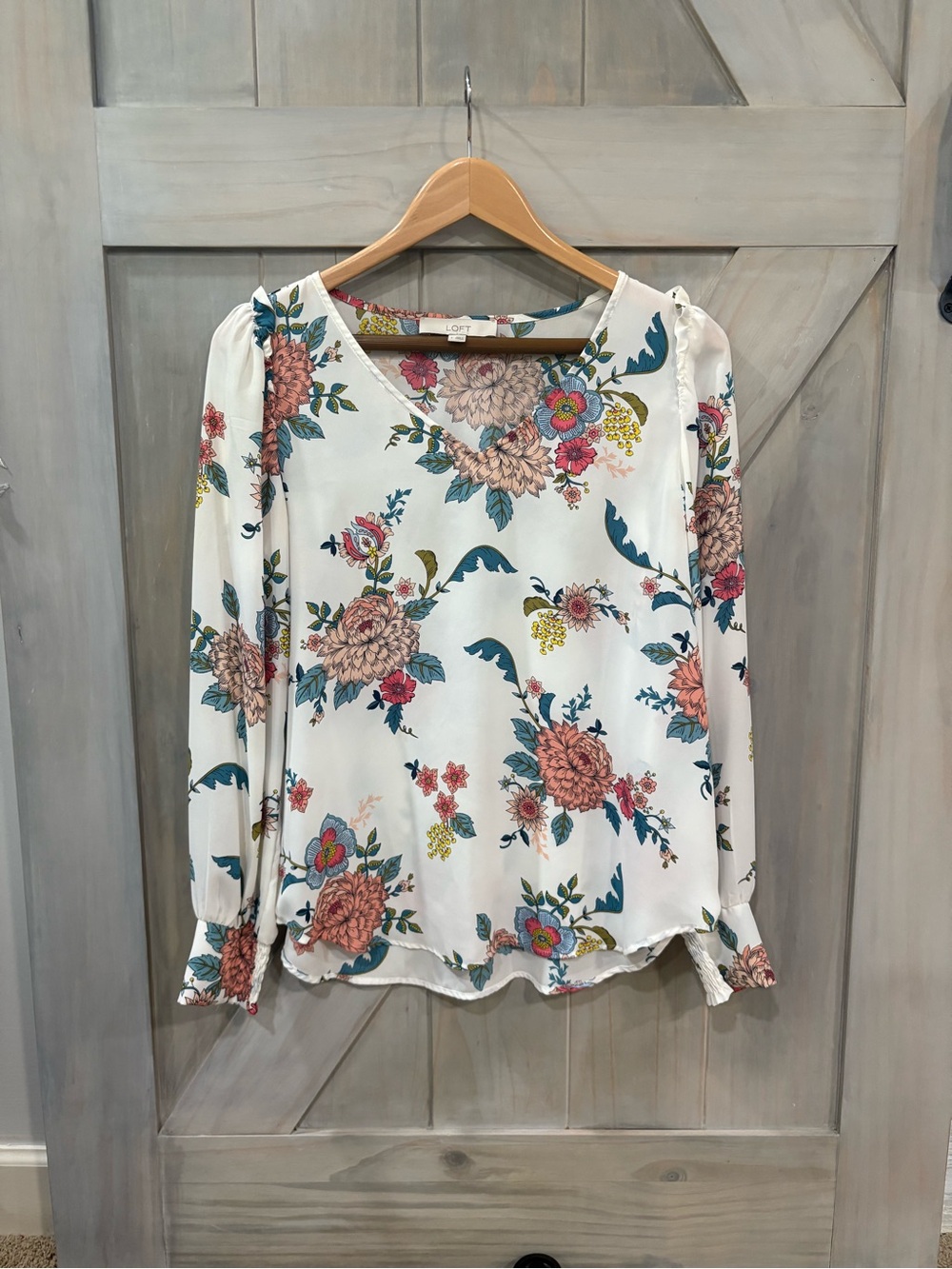 LOFT Cream V-Neck Floral Long-Sleeve Blouse with Peach, Coral and Teal Accents